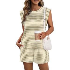 imageXIEERDUO Womens 2 Piece Cap Sleeve Short Sets Fashion Travel Outfits Comfy Airport Lounge Set Loose LoungewearZ Apricot Stripe