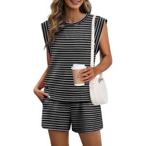 imageXIEERDUO Womens 2 Piece Cap Sleeve Short Sets Fashion Travel Outfits Comfy Airport Lounge Set Loose LoungewearZ Black Stripe