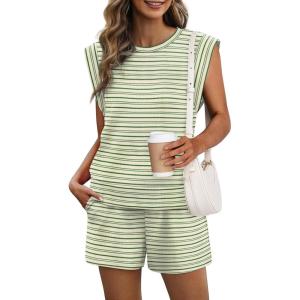 imageXIEERDUO Womens 2 Piece Cap Sleeve Short Sets Fashion Travel Outfits Comfy Airport Lounge Set Loose LoungewearZ Green Stripe