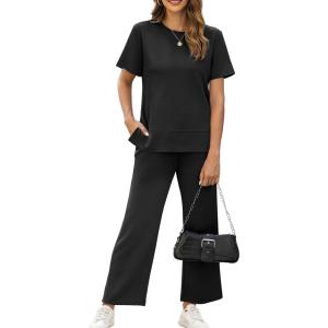 imageXIEERDUO Womens 2 Piece Lounge Set Fashion Travel Outfits Vacation Tracksuit Comfy Wide Leg Airport Loungewear S3XLA Black