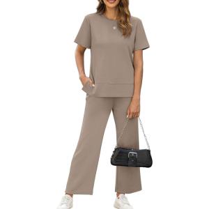 imageXIEERDUO Womens 2 Piece Lounge Set Fashion Travel Outfits Vacation Tracksuit Comfy Wide Leg Airport Loungewear S3XLA Khaki