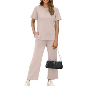 imageXIEERDUO Womens 2 Piece Lounge Set Fashion Travel Outfits Vacation Tracksuit Comfy Wide Leg Airport Loungewear S3XLApricot