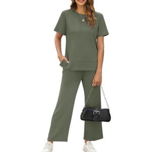 imageXIEERDUO Womens 2 Piece Lounge Set Fashion Travel Outfits Vacation Tracksuit Comfy Wide Leg Airport Loungewear S3XLArmy Green