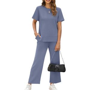 imageXIEERDUO Womens 2 Piece Lounge Set Fashion Travel Outfits Vacation Tracksuit Comfy Wide Leg Airport Loungewear S3XLBlue