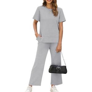 imageXIEERDUO Womens 2 Piece Lounge Set Fashion Travel Outfits Vacation Tracksuit Comfy Wide Leg Airport Loungewear S3XLGrey