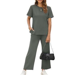 imageXIEERDUO Womens 2 Piece Lounge Set Fashion Travel Outfits Vacation Tracksuit Comfy Wide Leg Airport Loungewear S3XLRock Green