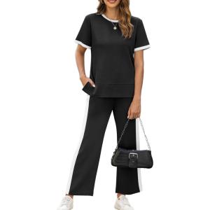 imageXIEERDUO Womens 2 Piece Lounge Set Fashion Travel Outfits Vacation Tracksuit Comfy Wide Leg Airport Loungewear S3XLStripe Black