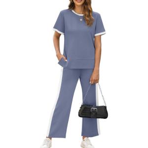 imageXIEERDUO Womens 2 Piece Lounge Set Fashion Travel Outfits Vacation Tracksuit Comfy Wide Leg Airport Loungewear S3XLStripe Blue