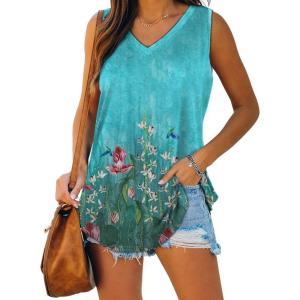 imageXIEERDUO Womens Tank Tops V Neck Basic Solid Color Casual Flowy Summer Sleeveless01blue Floral