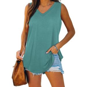 imageXIEERDUO Womens Tank Tops V Neck Basic Solid Color Casual Flowy Summer Sleeveless01blue Green
