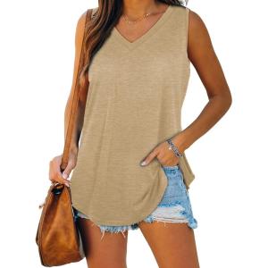 imageXIEERDUO Womens Tank Tops V Neck Basic Solid Color Casual Flowy Summer Sleeveless01khaki