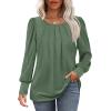 imageXIEERDUO Womens Long Sleeve Shirts Pleated Crew Neck Puff Sleeve Tunic TopsGreen