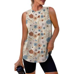 imageWomens Workout Tank Tops Lightweight Sleeveless Shirts for Women Loose Fit Tops for Athletic Running Tennis YogaZfloral Khaki