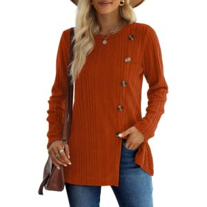 imageXIEERDUO Long Sleeve Tops for Women Tunics Buttons Front SlitA Caramel