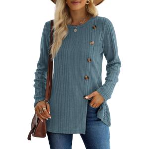 imageXIEERDUO Long Sleeve Tops for Women Tunics Buttons Front SlitB Blue