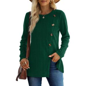 imageXIEERDUO Long Sleeve Tops for Women Tunics Buttons Front SlitC Dark Green