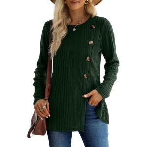 imageXIEERDUO Long Sleeve Tops for Women Tunics Buttons Front SlitE Army Green