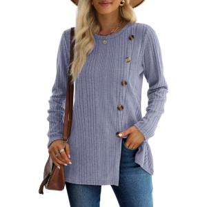 imageXIEERDUO Long Sleeve Tops for Women Tunics Buttons Front SlitE Blue Purple