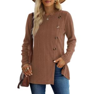 imageXIEERDUO Long Sleeve Tops for Women Tunics Buttons Front SlitE Brown