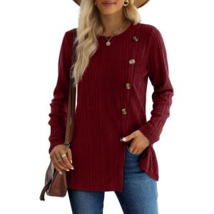 imageXIEERDUO Long Sleeve Tops for Women Tunics Buttons Front SlitE Burgundy