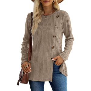 imageXIEERDUO Long Sleeve Tops for Women Tunics Buttons Front SlitE Khaki