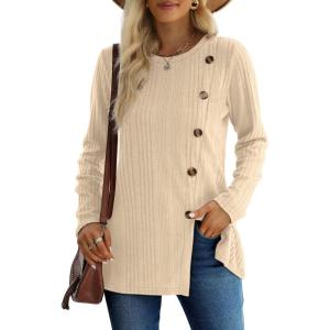 imageXIEERDUO Long Sleeve Tops for Women Tunics Buttons Front SlitE1 Apricot