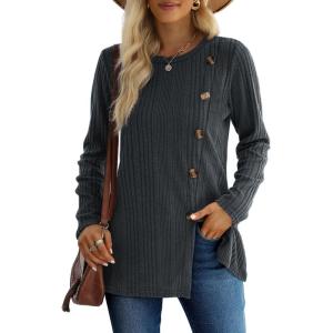 imageXIEERDUO Long Sleeve Tops for Women Tunics Buttons Front SlitE3 Dark Grey