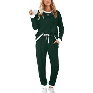 imageXIEERDUO Pajamas For Women Long Sleeve Crew Neck With Pockets Tie Dye Leopard Plaid Lounge Sets Two Piece Outfits Pj Set04green