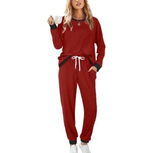 imageXIEERDUO Pajamas For Women Long Sleeve Crew Neck With Pockets Tie Dye Leopard Plaid Lounge Sets Two Piece Outfits Pj Set06wine