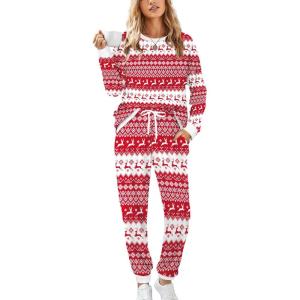 imageXIEERDUO Pajamas For Women Long Sleeve Crew Neck With Pockets Tie Dye Leopard Plaid Lounge Sets Two Piece Outfits Pj Set24red Deer