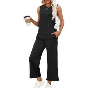 imageXIEERDUO Womens 2 Piece Outfits Summer Travel Tracksuit Loose Wide Leg Loungewear Comfy Lounge Sets S3XLA01black
