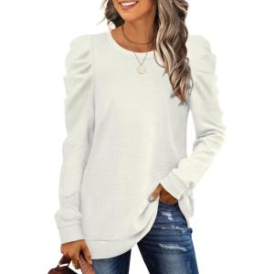 imageXIEERDUO Womens Crewneck Sweatshirts Trendy Puff Sleeve Tunic Sweaters Fall Clothes Loose Fit01aapricot
