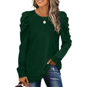 imageXIEERDUO Womens Crewneck Sweatshirts Trendy Puff Sleeve Tunic Sweaters Fall Clothes Loose Fit01adark Green