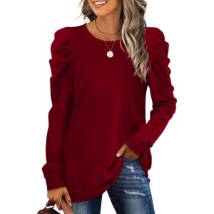 imageXIEERDUO Womens Crewneck Sweatshirts Trendy Puff Sleeve Tunic Sweaters Fall Clothes Loose Fit01adark Red