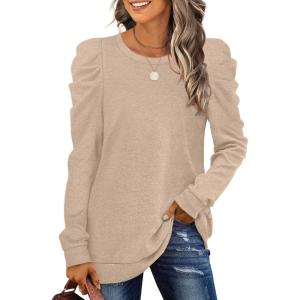 imageXIEERDUO Womens Crewneck Sweatshirts Trendy Puff Sleeve Tunic Sweaters Fall Clothes Loose Fit01akhaki