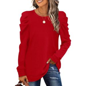 imageXIEERDUO Womens Crewneck Sweatshirts Trendy Puff Sleeve Tunic Sweaters Fall Clothes Loose Fit01alight Red
