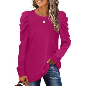 imageXIEERDUO Womens Crewneck Sweatshirts Trendy Puff Sleeve Tunic Sweaters Fall Clothes Loose Fit04adeep Pink