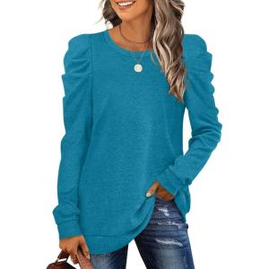 imageXIEERDUO Womens Crewneck Sweatshirts Trendy Puff Sleeve Tunic Sweaters Fall Clothes Loose Fit04adeep Sky Blue