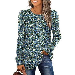 imageXIEERDUO Womens Crewneck Sweatshirts Trendy Puff Sleeve Tunic Sweaters Fall Clothes Loose FitZ Floral Blue