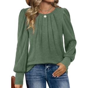 imageXIEERDUO Womens Long Sleeve Shirts Pleated Crew Neck Puff Sleeve Tunic TopsGreen