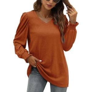 imageXIEERDUO Womens Long Sleeve Tops V Neck 2024 Fall Ruffle Puff Sleeve Cute Tunic shirts DressyCaramel