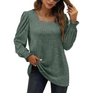 imageXIEERDUO Womens Long Sleeve Tunic Tops Ruffles Sleeve Square Neck Winter Shirts Dressy Casual02green