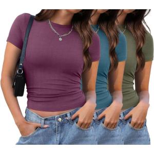 imageXIEERDUO Womens Short Sleeve Crew Neck Slim Fit T Shirts 2024 Y2k Clothes Spring Summer Basic Going Out Tops 2 Pack3 Pack3 Pack ArmygreenTurquoisePurplish