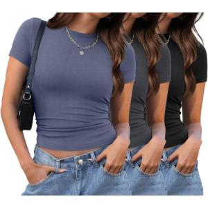 imageXIEERDUO Womens Short Sleeve Crew Neck Slim Fit T Shirts 2024 Y2k Clothes Spring Summer Basic Going Out Tops 2 Pack3 Pack3 Pack BlackGreyBlue