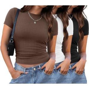 imageXIEERDUO Womens Short Sleeve Crew Neck Slim Fit T Shirts 2024 Y2k Clothes Spring Summer Basic Going Out Tops 2 Pack3 Pack3 Pack BlackWhiteBrown