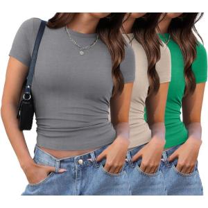 imageXIEERDUO Womens Short Sleeve Crew Neck Slim Fit T Shirts 2024 Y2k Clothes Spring Summer Basic Going Out Tops 2 Pack3 Pack3 Pack LightgreyKhakiGreen