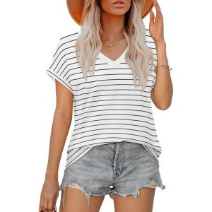 imageXIEERDUO Womens Summer Tops Short Sleeve Shirts Casual V Neck T Shirt Loose Fit ComfyCvwhite Stripe