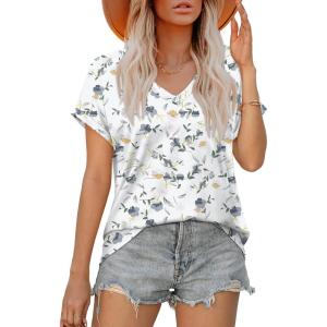 imageXIEERDUO Womens Summer Tops Short Sleeve Shirts Casual V Neck T Shirt Loose Fit ComfyHblue Floral