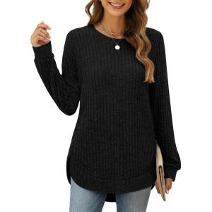 imageXIEERDUO Womens Tunic Tops Long Sleeve Shirts High Low Curved Hem Crewneck Sweater Loose FitBlack