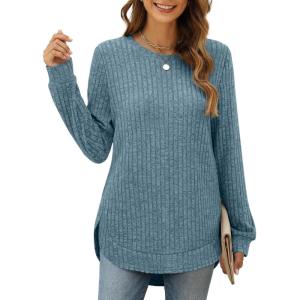 imageXIEERDUO Womens Tunic Tops Long Sleeve Shirts High Low Curved Hem Crewneck Sweater Loose FitBlue